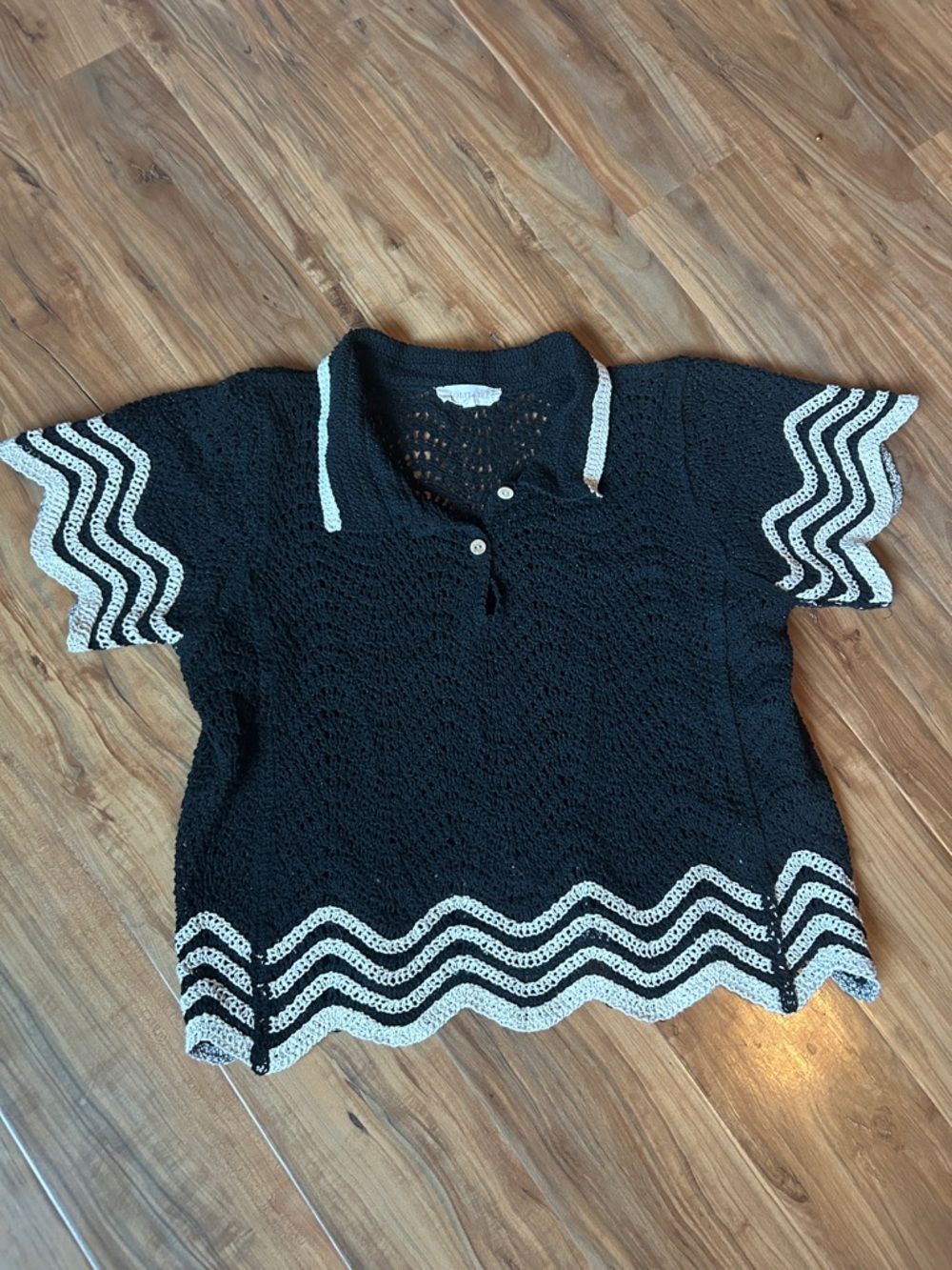 Boho Coastal Crochet Top Black & Cream Wavy Trim | Nautical Beachy Knit Blouse